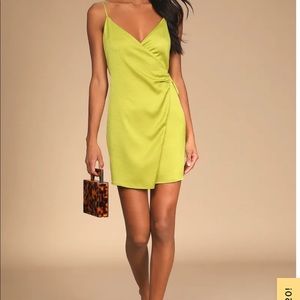 NWT Vivid Vibes Lime Green Satin Ruched Wrap Mini Dress